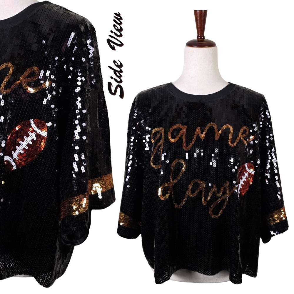 Simply Southern Sequinโ Shirt Womens Large Game Day Football Cropped Sparkles - Picture 9 of 9